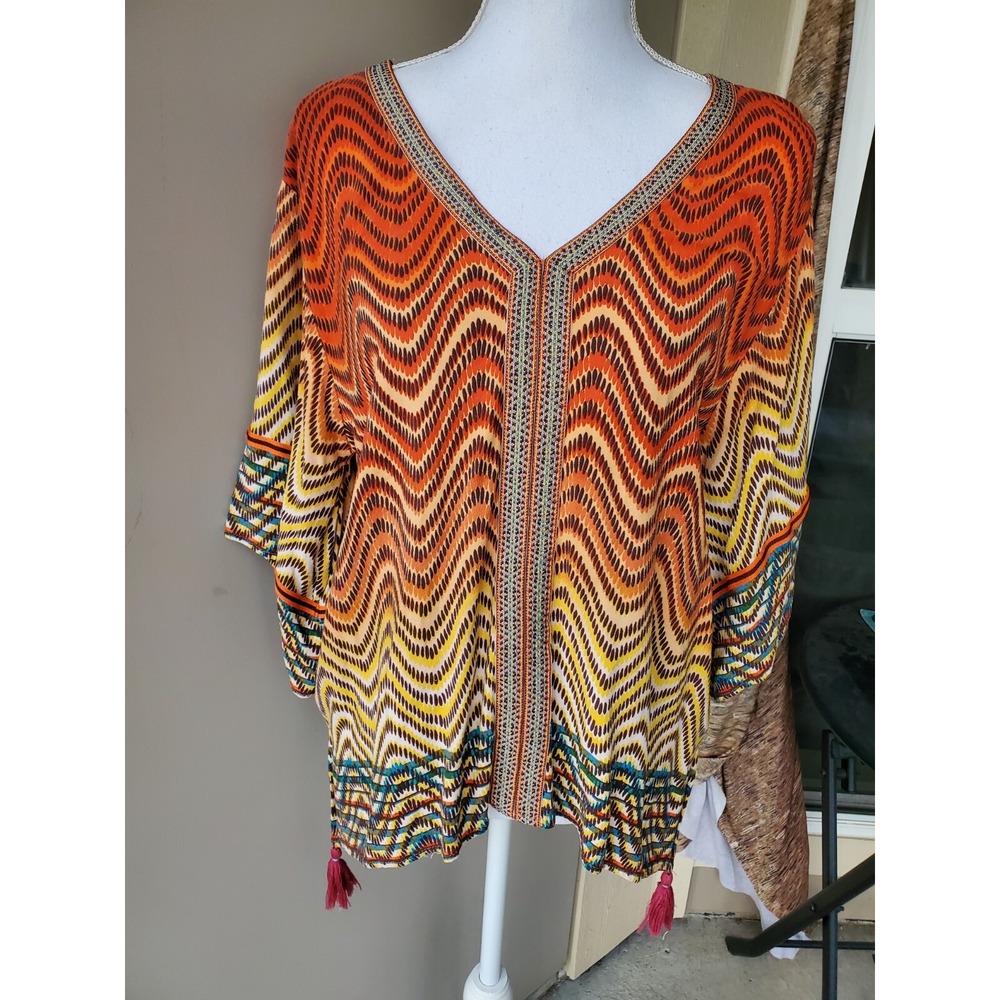 Democracy Women Small Orange Loose Fit Multicolor Boho Blouse Tassels V Neck